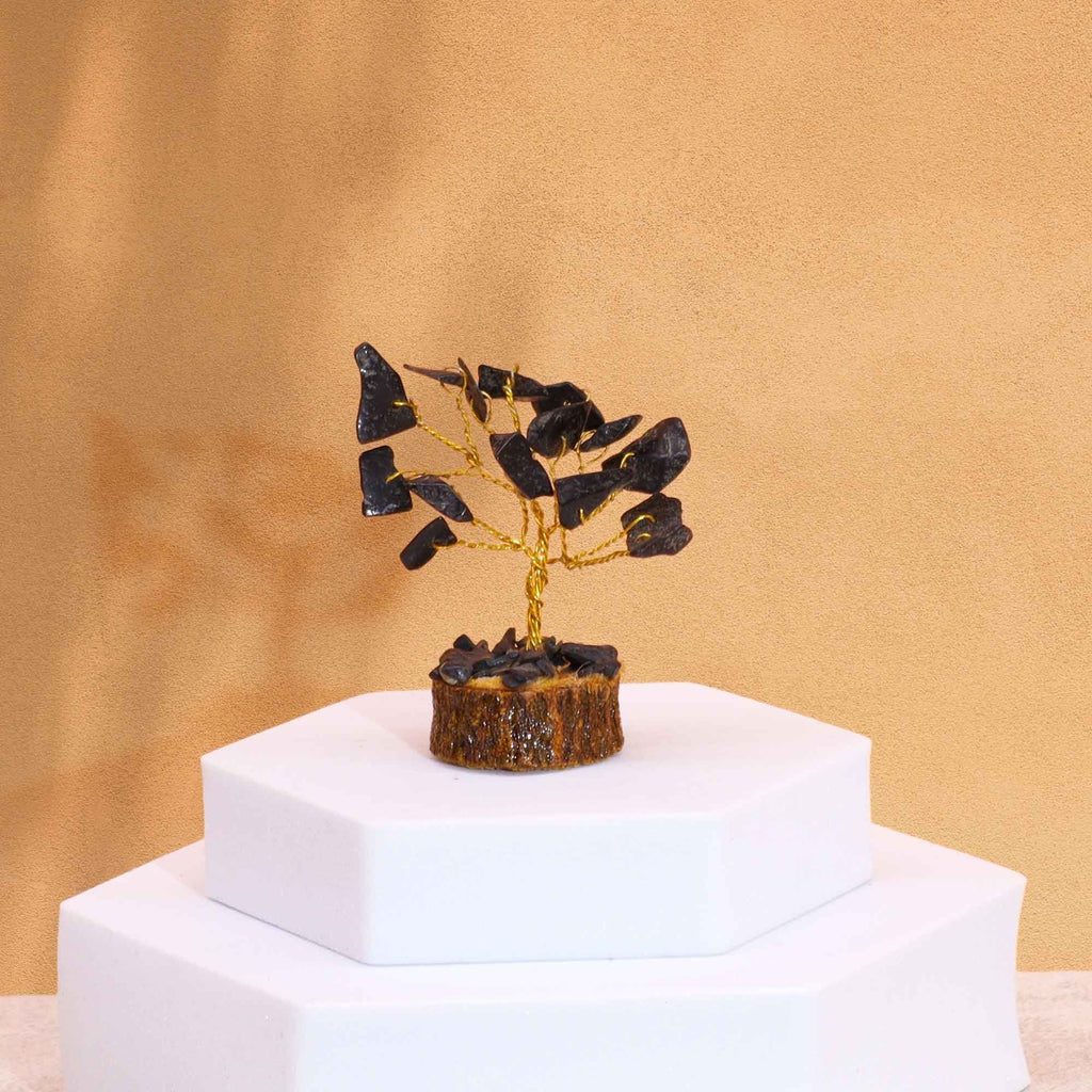 Mini Gemstone Tree On Wood Base - Black Agate