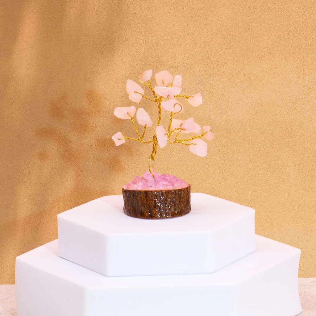 Mini Gemstone Tree On Wood Base - Rose Quartz